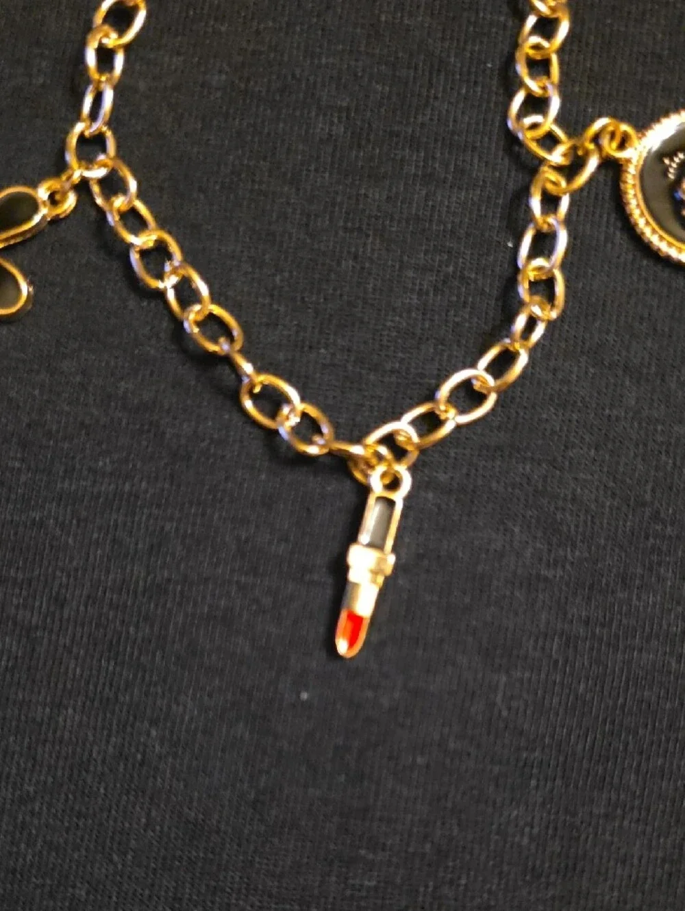 Gold Charm Bracelet with Red Lipstick, Flower & Crown Charms
